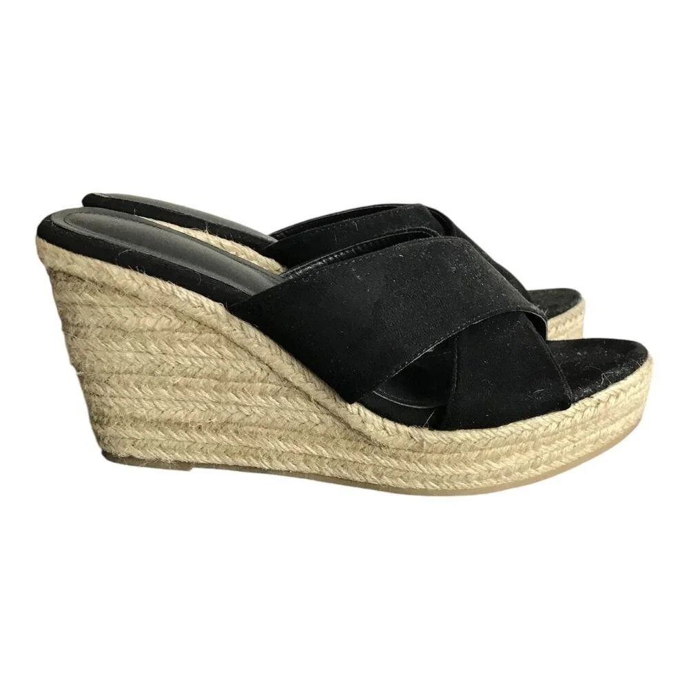 Wedge Espadrille Sandal Women 9 Black Faux Suede Jute‎ Criss Cross Platform Boho
